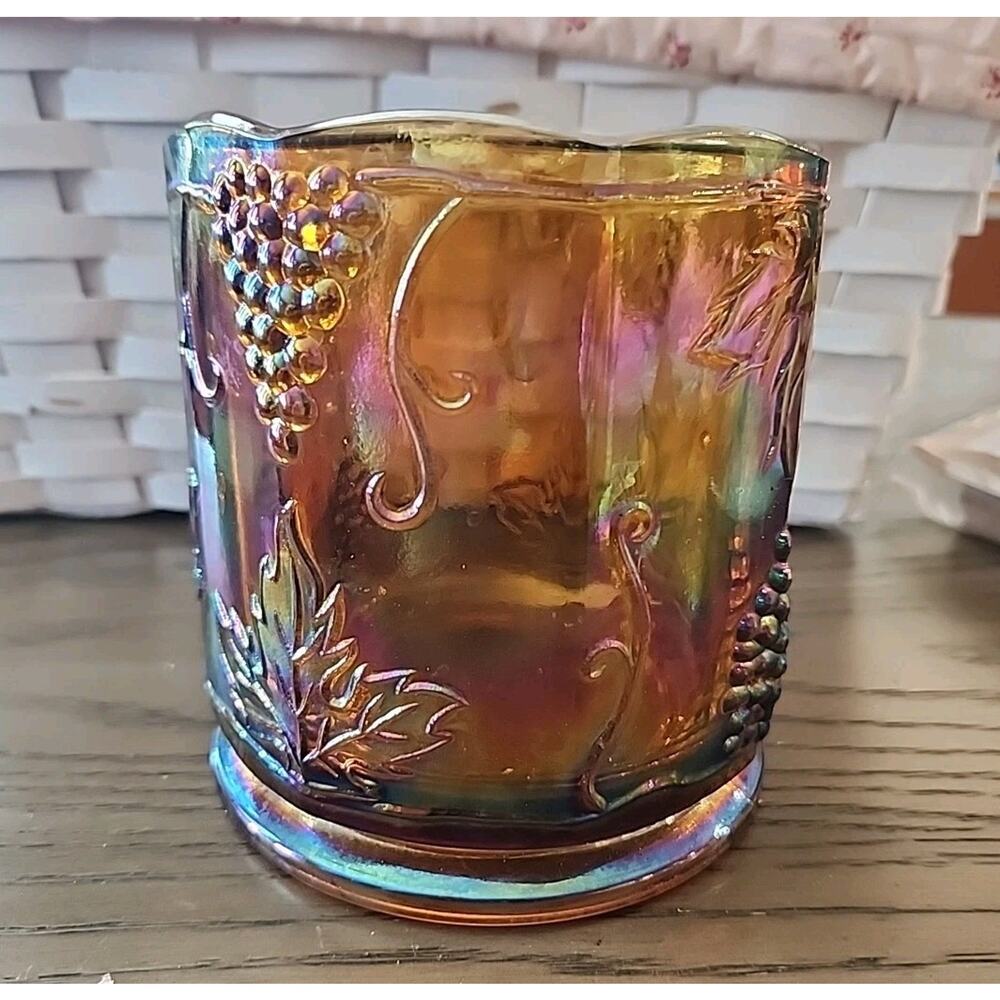 Indiana Glass Harvest Grape Canister Marigold Iridescent Carnival Amber Jar 5"